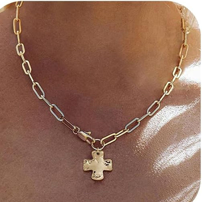 Hip-Hop Gold Cross Necklace For Women With Copper Pendant And Paperclip Chain