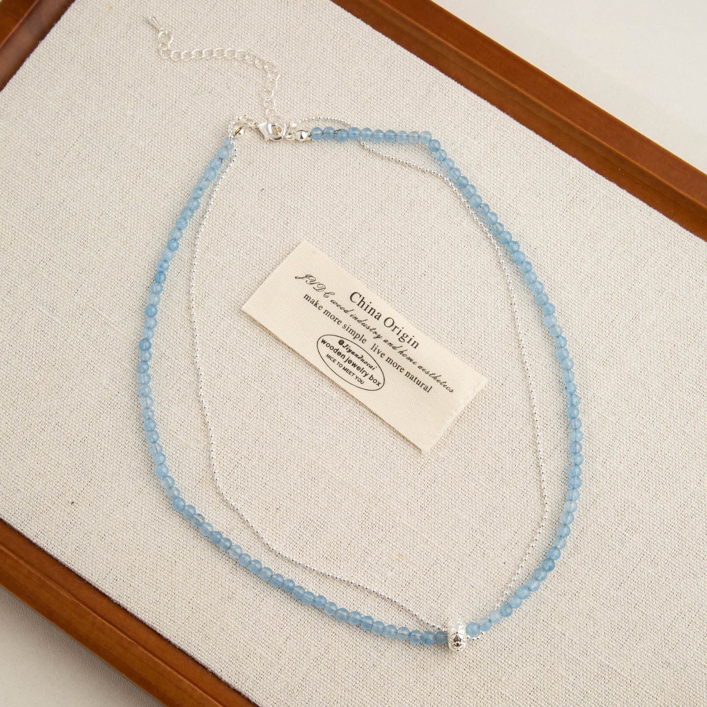 Blue Double Layer Necklace For Women With Beading Craft And Natural Stone Pendant Featuring Printing Pattern
