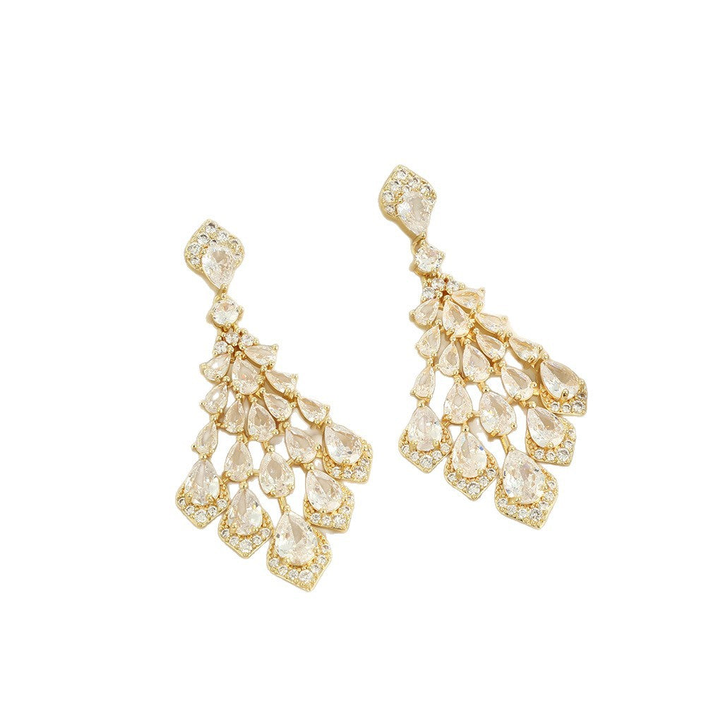 Gold Leaves Drop Earrings For Women With 925 Sterling Silver Studs And Zircon Inlay Metal Design
