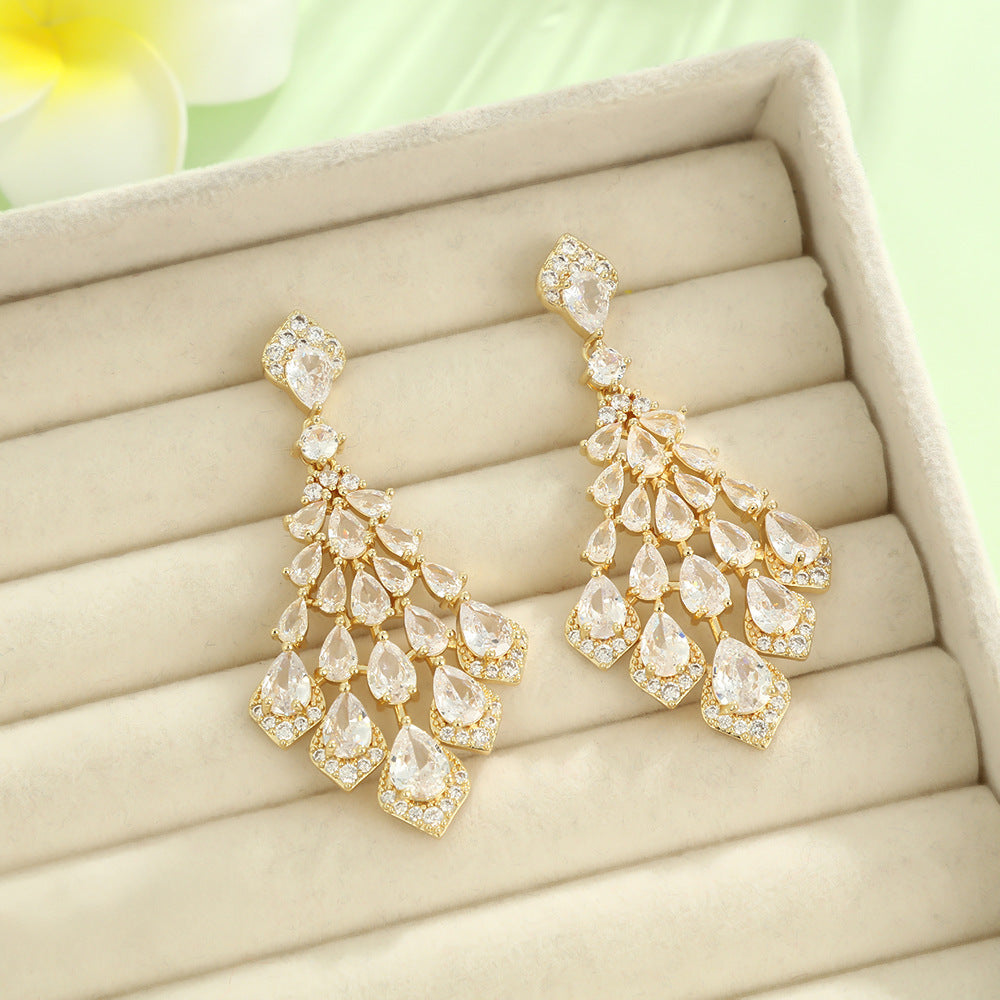 Gold Leaves Drop Earrings For Women With 925 Sterling Silver Studs And Zircon Inlay Metal Design