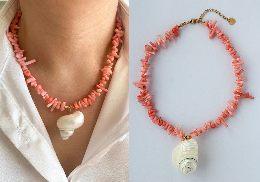 Conch Freshwater Pearl Titanium Steel Beaded Handmade Conch Pendant Necklace