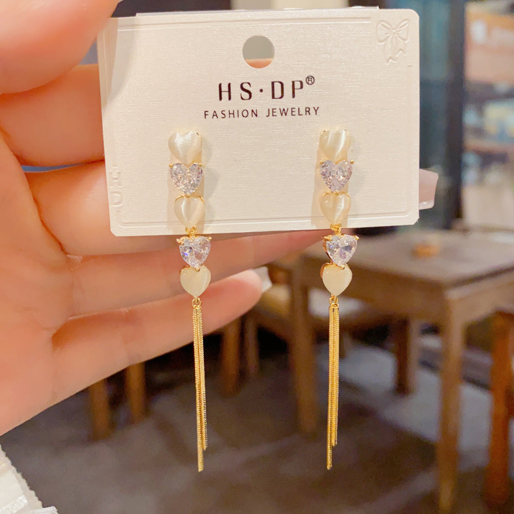 Heart Shape Tassel Drop Earrings For Women With Copper Ear Pins, Real Gold Plated And Zircon Inlay
