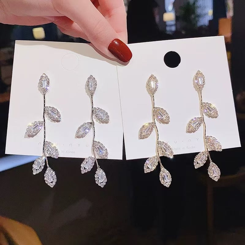 Gold Leaves Tassel Drop Earrings For Women With Copper Ear Pins Featuring Rhinestones And Zircon Inlay