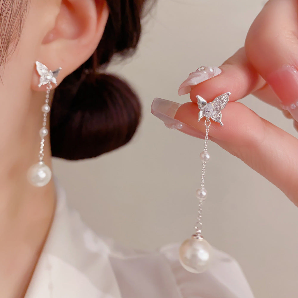 Butterfly Tassel Drop Earrings For Women In Copper With Real Gold Plated Finish And Zircon Inlay