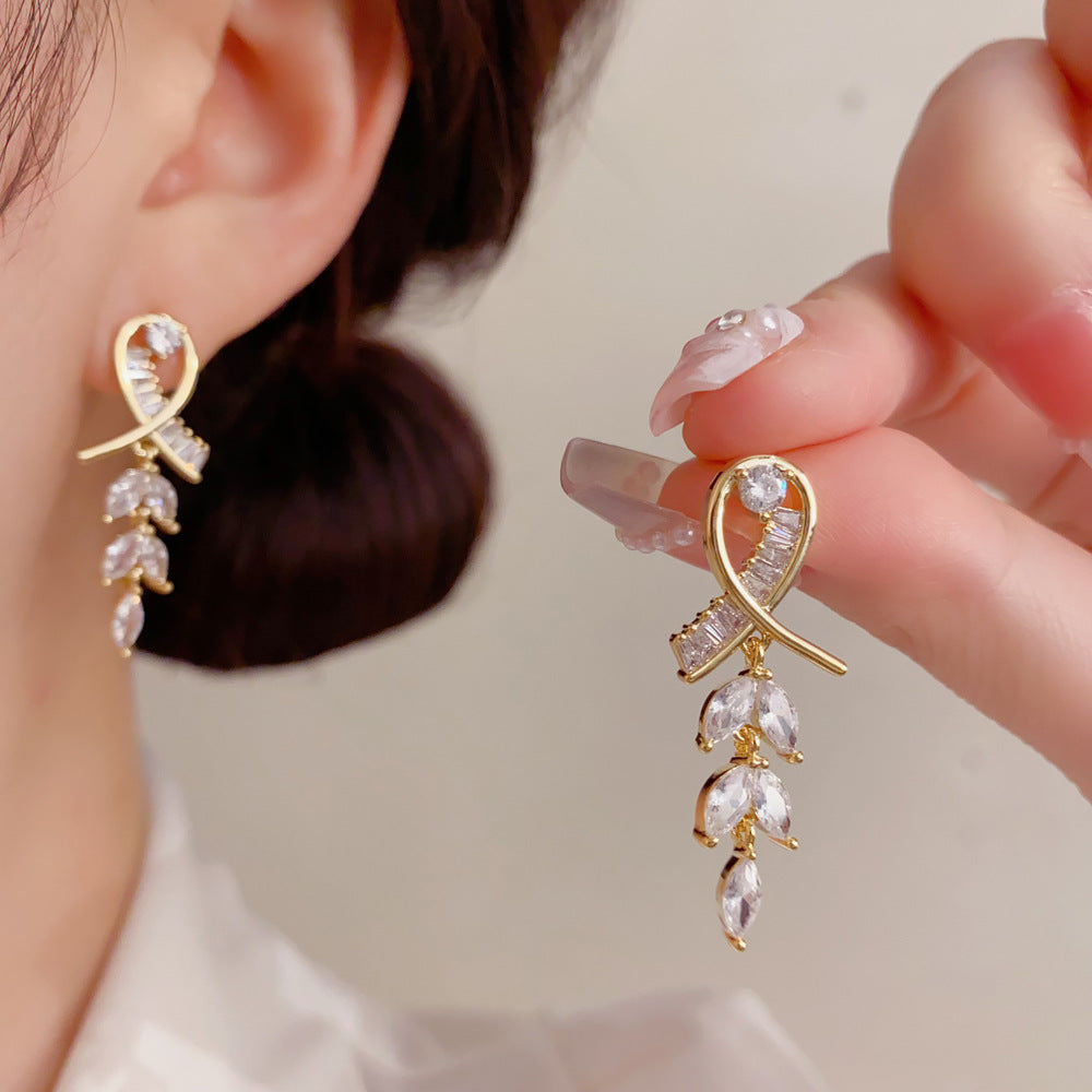 New Style Leaves Tassel Drop Earrings For Women In Real Gold Plated Copper With Zircon Inlay