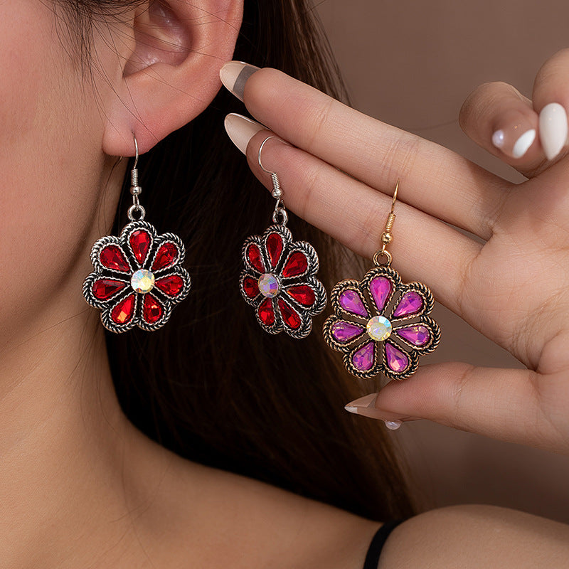 Bohemian Flowers Earrings For Women In Red Alloy With Bezel Setting And Rhinestone Inlay