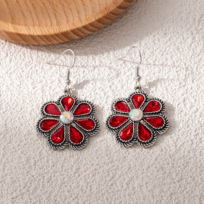 Bohemian Flowers Earrings For Women In Red Alloy With Bezel Setting And Rhinestone Inlay