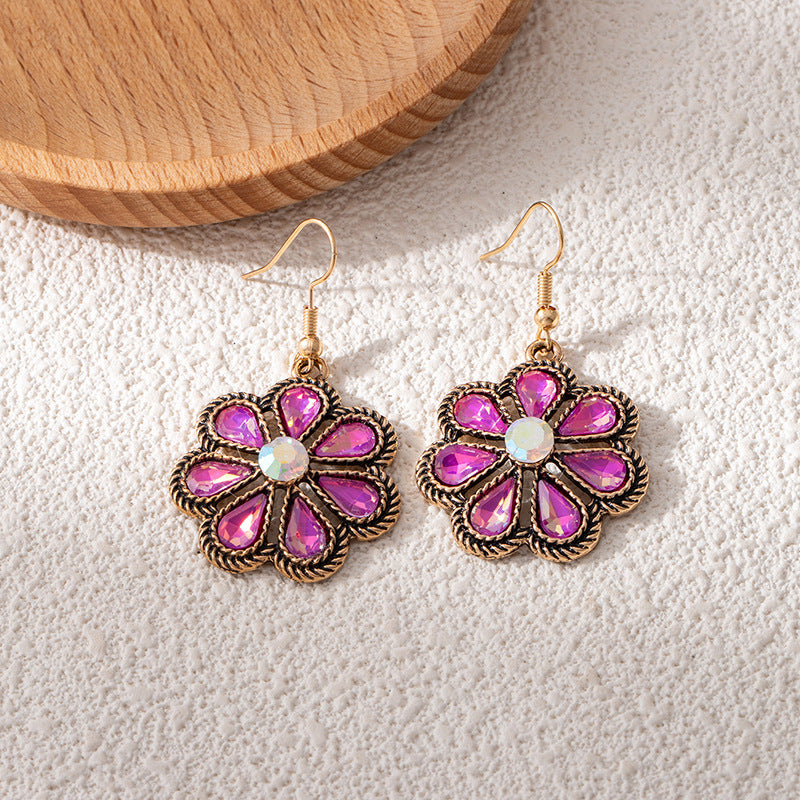 Bohemian Flowers Earrings For Women In Red Alloy With Bezel Setting And Rhinestone Inlay