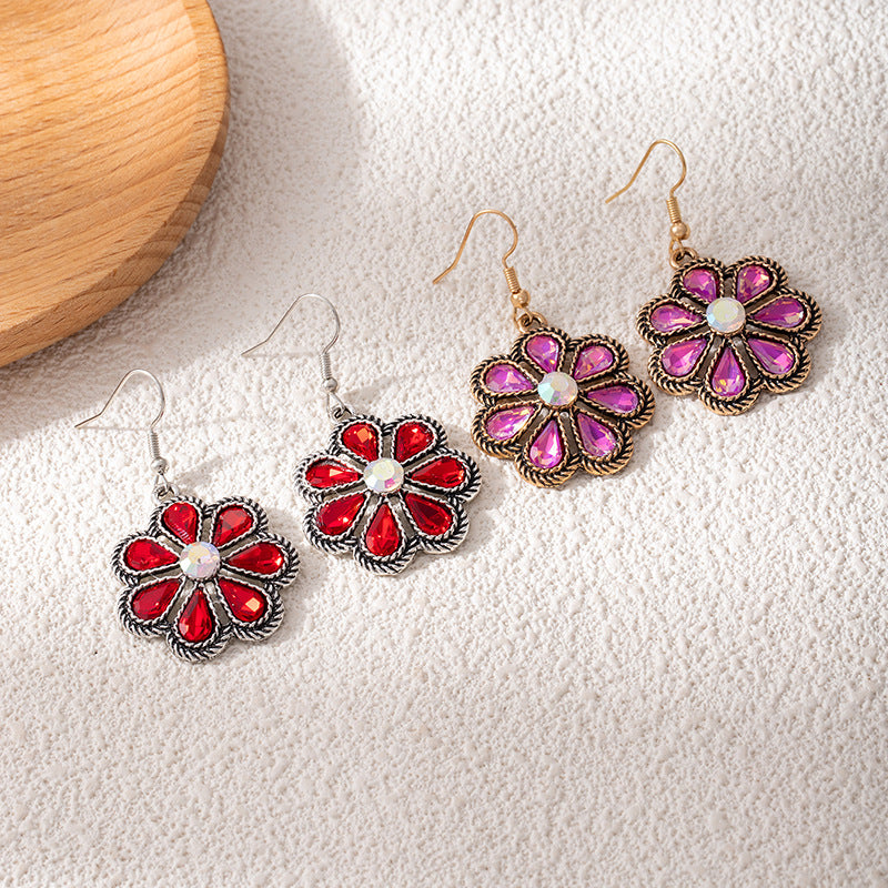 Bohemian Flowers Earrings For Women In Red Alloy With Bezel Setting And Rhinestone Inlay