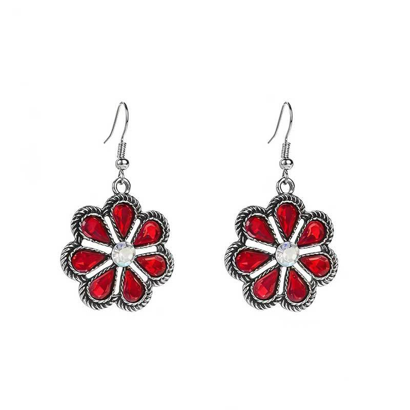 Bohemian Flowers Earrings For Women In Red Alloy With Bezel Setting And Rhinestone Inlay