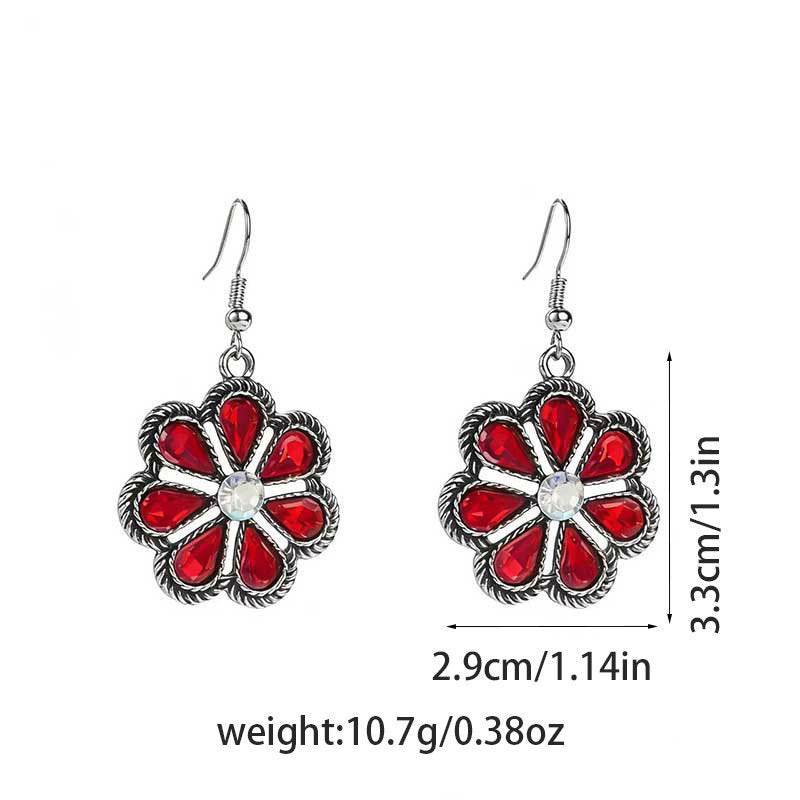 Bohemian Flowers Earrings For Women In Red Alloy With Bezel Setting And Rhinestone Inlay