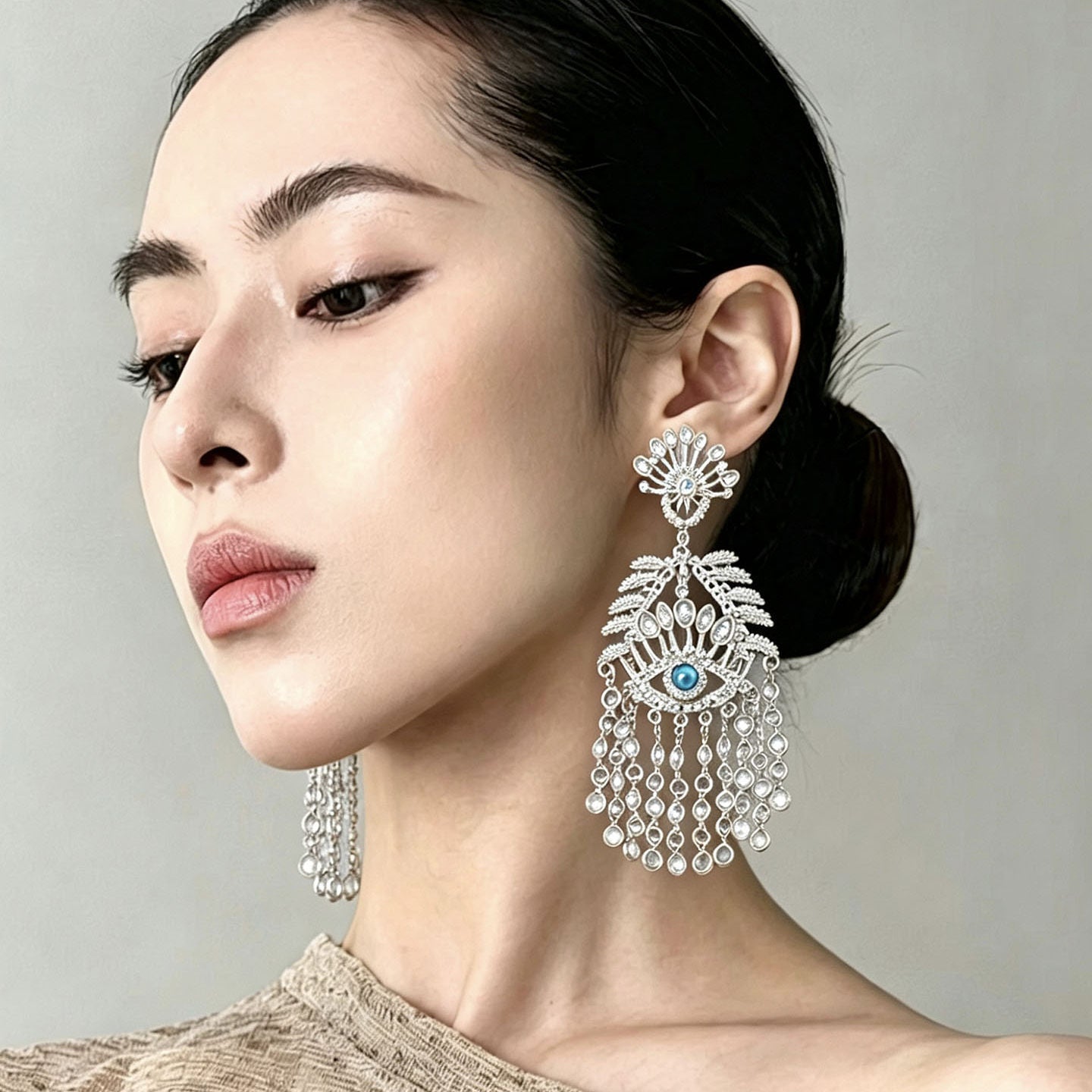 Exaggerated Tassel Earrings For Grain Pattern Featuring Gold Alloy With Crystal Inlay
