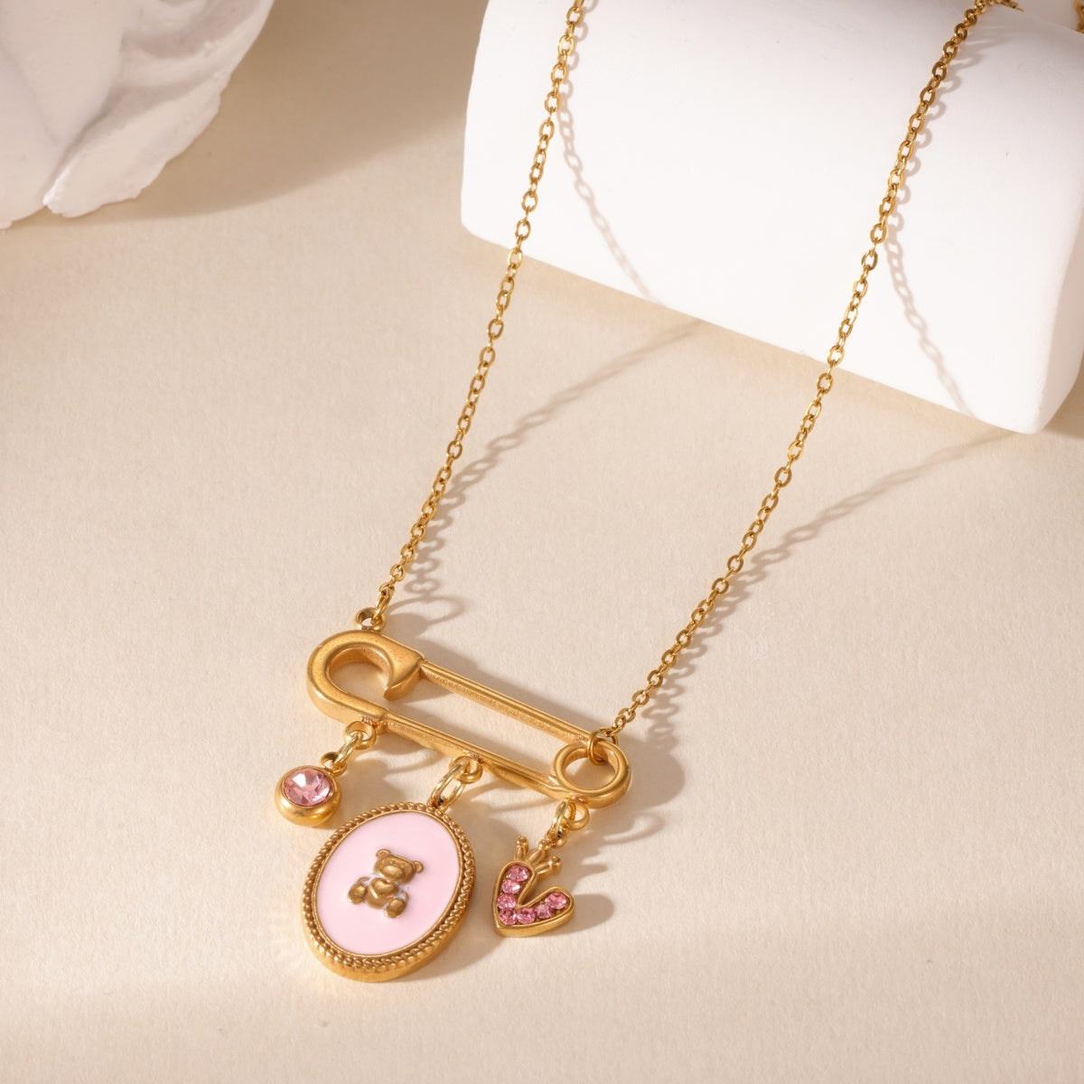Little Bear Necklace For Women, 304 Stainless Steel With 18K Gold Plated PVD Finish And Zircon Inlay, Cable Chain