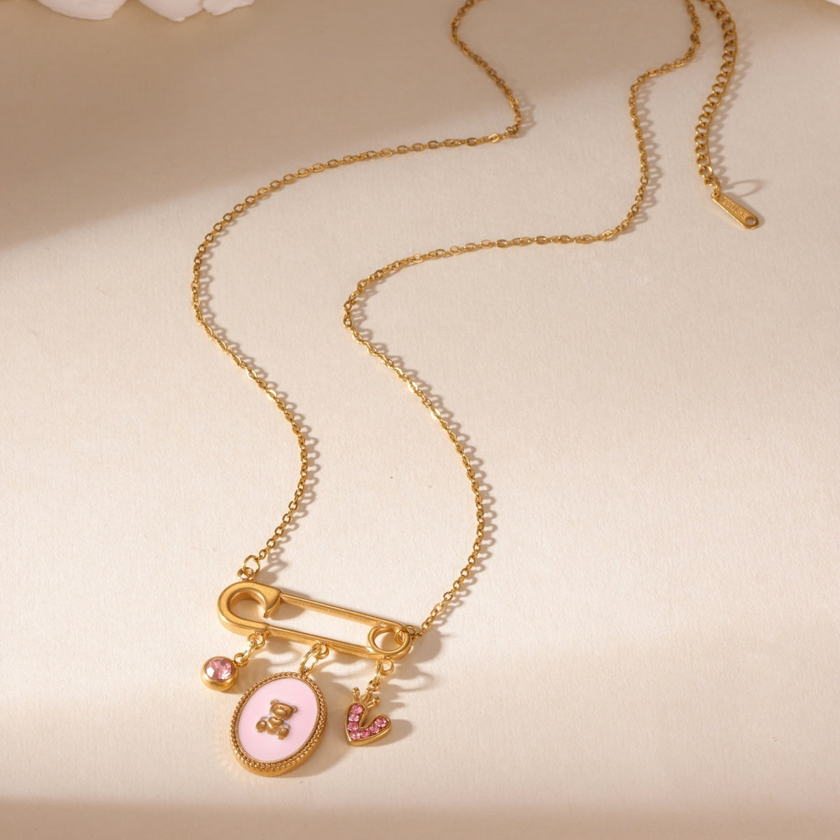 Little Bear Necklace For Women, 304 Stainless Steel With 18K Gold Plated PVD Finish And Zircon Inlay, Cable Chain