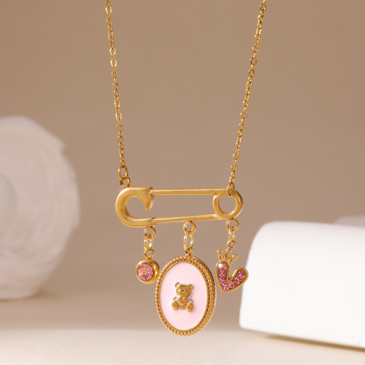 Little Bear Necklace For Women, 304 Stainless Steel With 18K Gold Plated PVD Finish And Zircon Inlay, Cable Chain