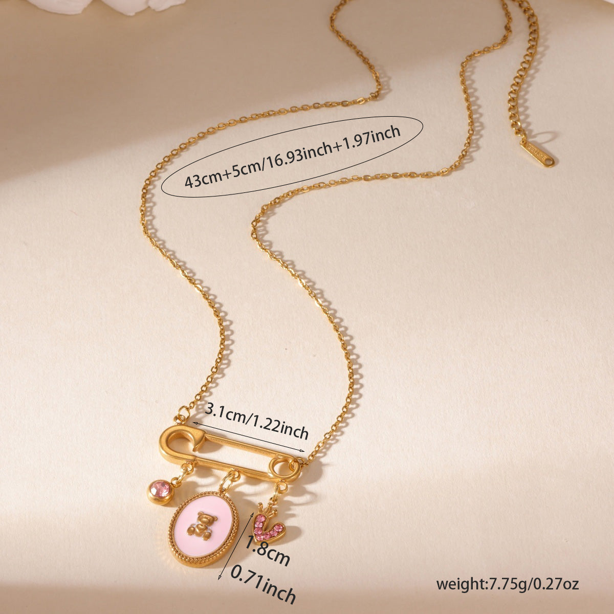 Little Bear Necklace For Women, 304 Stainless Steel With 18K Gold Plated PVD Finish And Zircon Inlay, Cable Chain