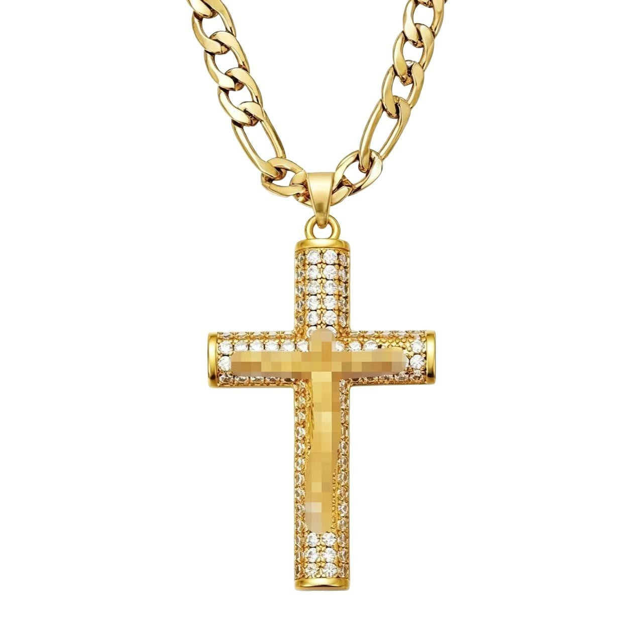 Hip-Hop Copper Cross Pendant With Zircon Inlay On Cuban Link Chain Curb Chain