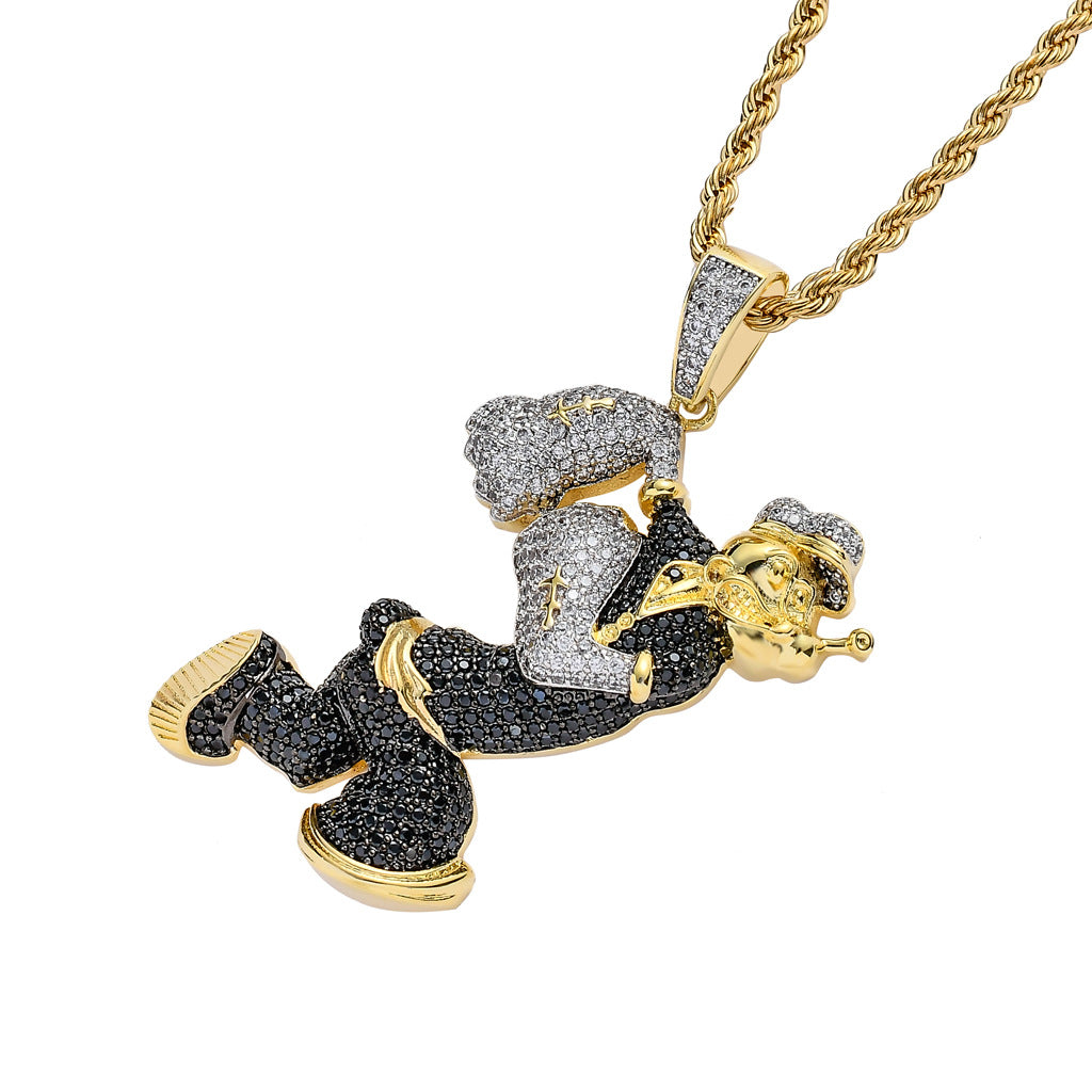 Men's Cartoon Character Pendant In Copper With Real Gold Plated Finish And Zircon Inlay, Hip-Hop Style