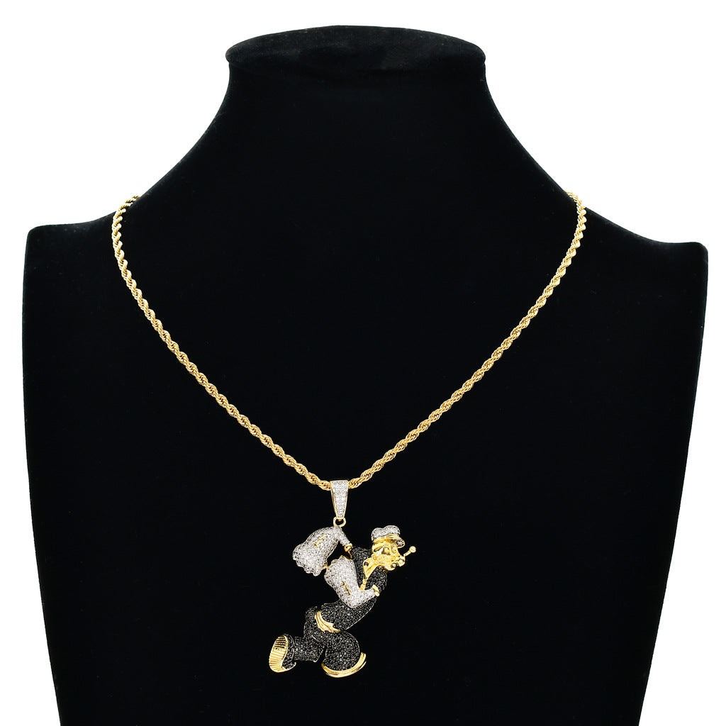 Men's Cartoon Character Pendant In Copper With Real Gold Plated Finish And Zircon Inlay, Hip-Hop Style