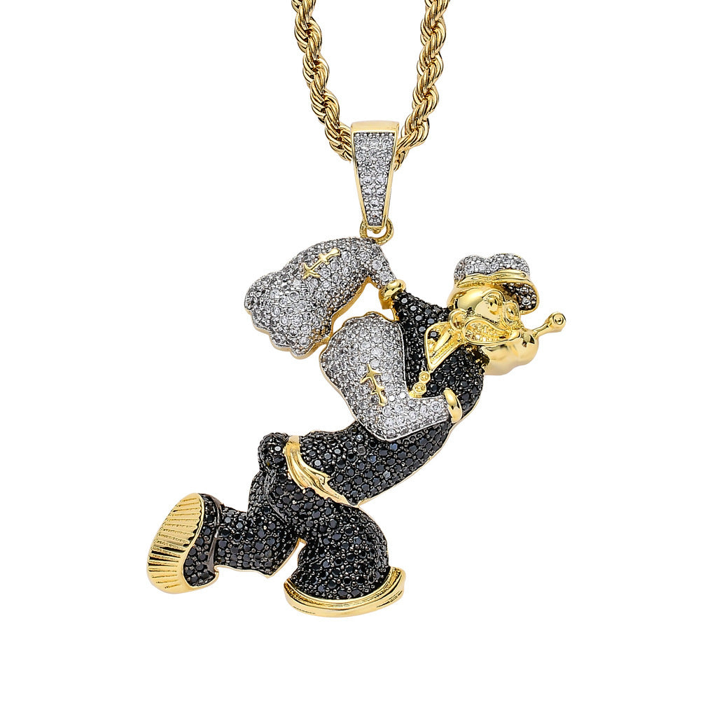 Men's Cartoon Character Pendant In Copper With Real Gold Plated Finish And Zircon Inlay, Hip-Hop Style
