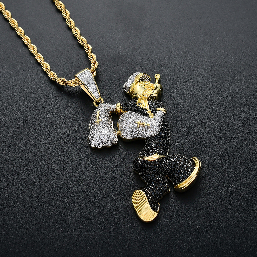 Men's Cartoon Character Pendant In Copper With Real Gold Plated Finish And Zircon Inlay, Hip-Hop Style