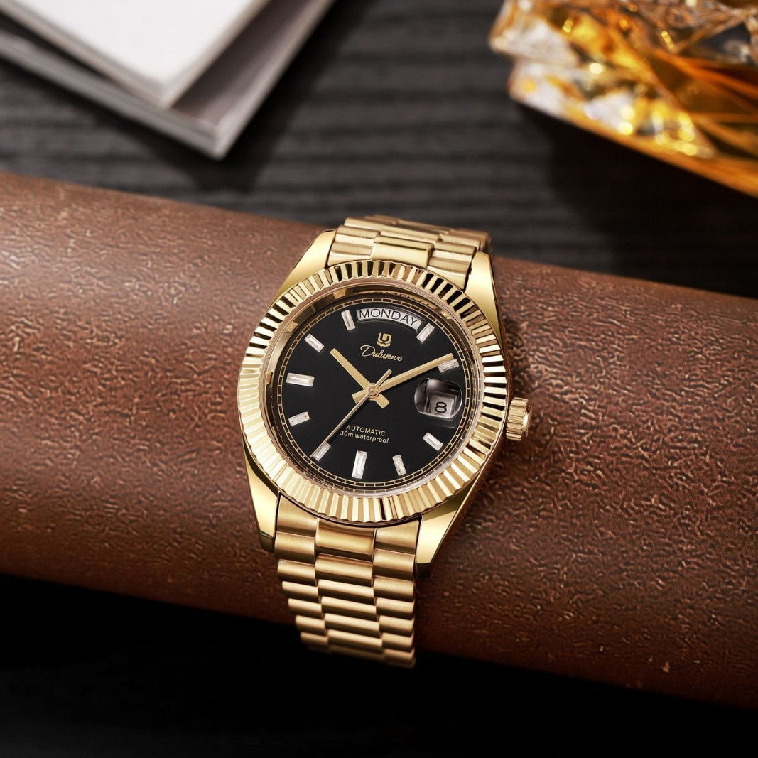 Mechanical Men's Watch With Stainless Steel Strap And Double Side Snap Buckle Featuring Tempered Glass And Pointer Display