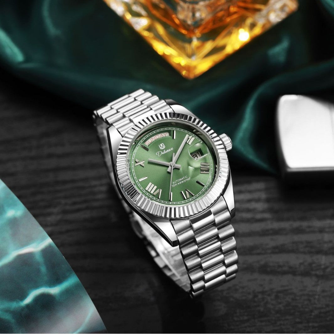 Mechanical Men's Watch With Stainless Steel Strap And Double Side Snap Buckle Featuring Tempered Glass And Pointer Display