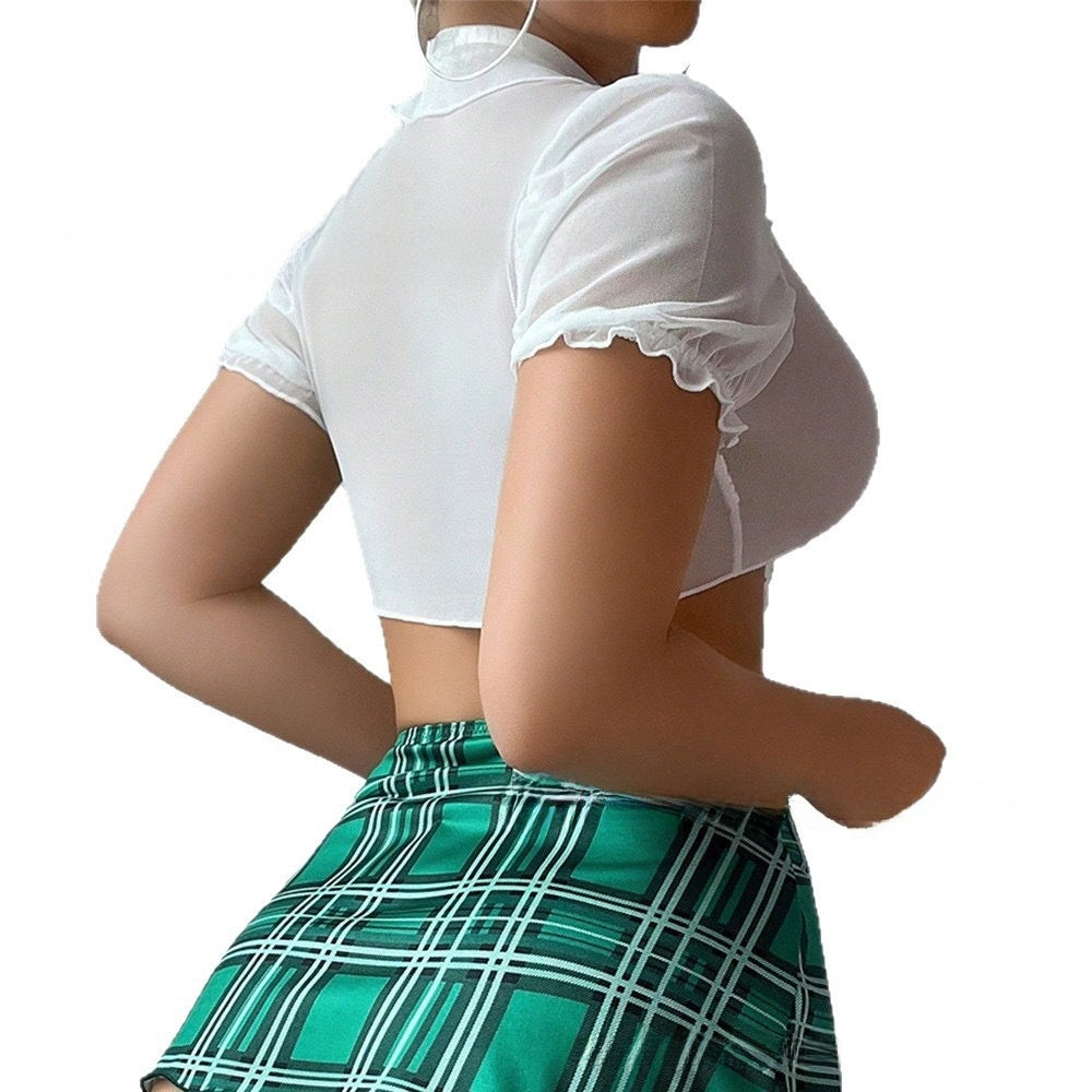 Cute Plaid Cosplay Uniforms For Women In Milk Fiber Fabric With Slit Design, Perfect For Summer