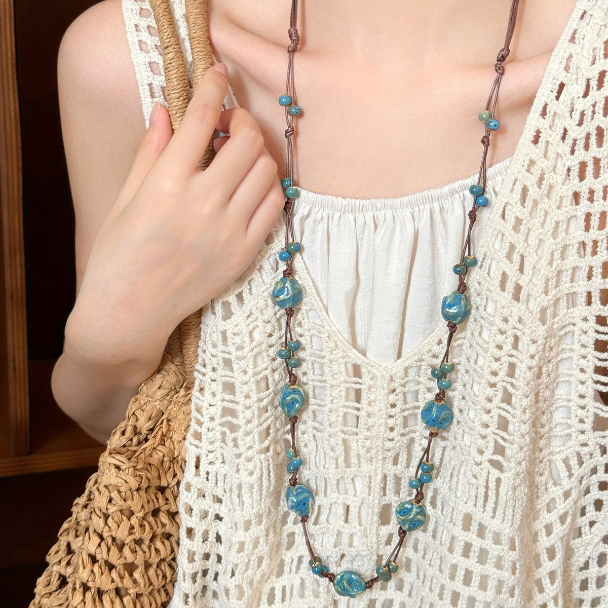 Ethnic Blue Beaded Chain Necklace For Women Featuring Ceramic Pendant In Mixed Materials