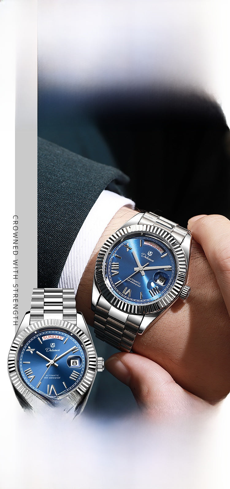 Mechanical Men's Watch With Stainless Steel Strap And Double Side Snap Buckle Featuring Tempered Glass And Pointer Display