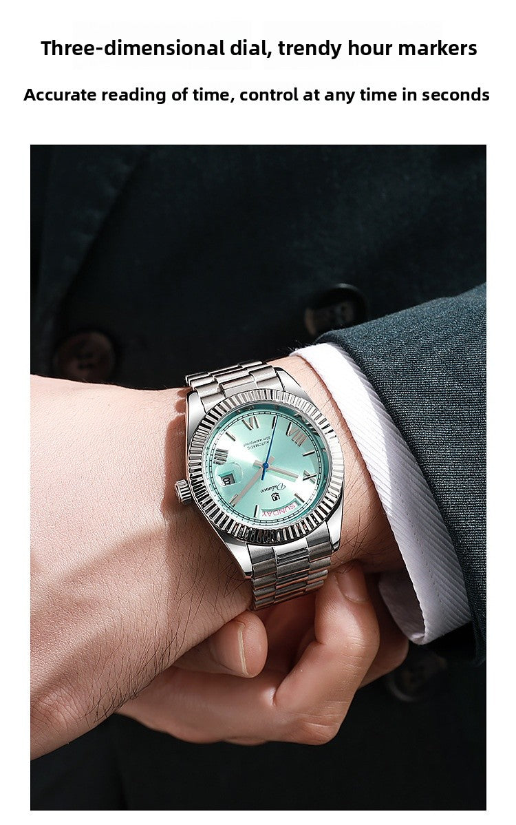 Mechanical Men's Watch With Stainless Steel Strap And Double Side Snap Buckle Featuring Tempered Glass And Pointer Display