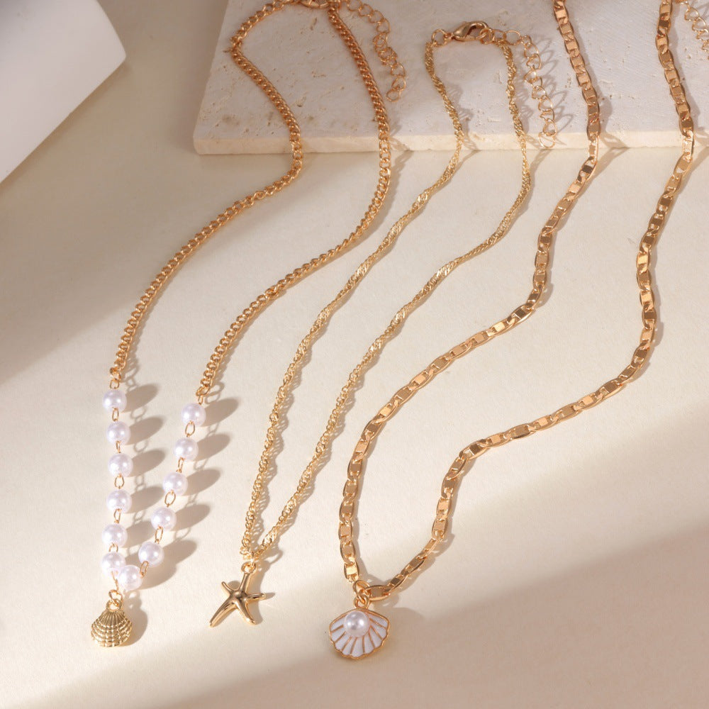 Gold Scallop Layered Necklace In Marine Style With Alloy Chain, Featuring Imitation Pearl, Designed For Women