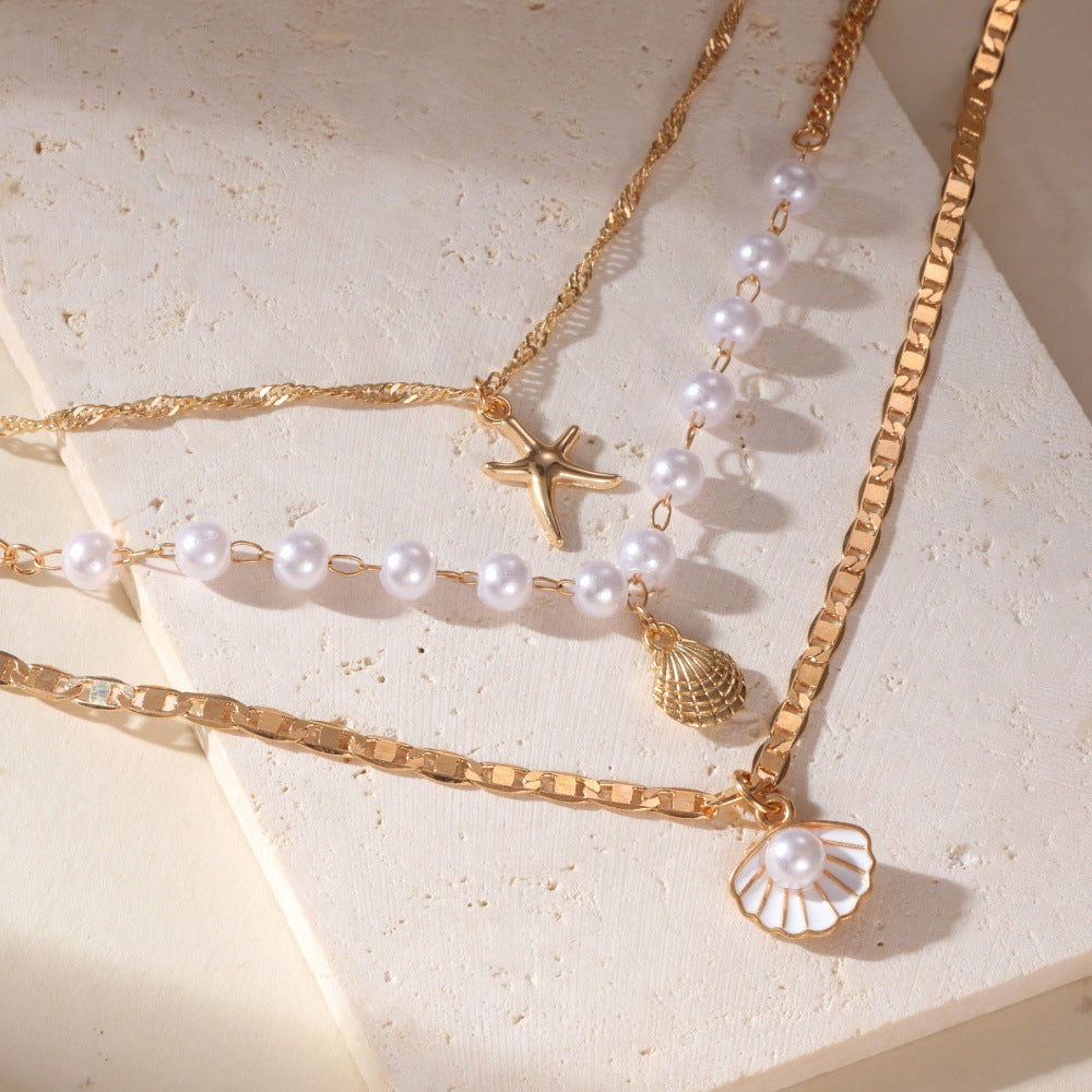 Gold Scallop Layered Necklace In Marine Style With Alloy Chain, Featuring Imitation Pearl, Designed For Women