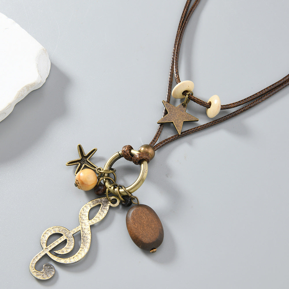 Handmade Bohemian Unisex Sweater Chain Necklace In Brown With Alloy Pendant, Crafted From Mixed Materials