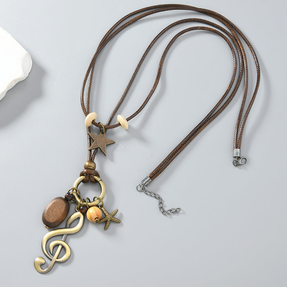 Handmade Bohemian Unisex Sweater Chain Necklace In Brown With Alloy Pendant, Crafted From Mixed Materials
