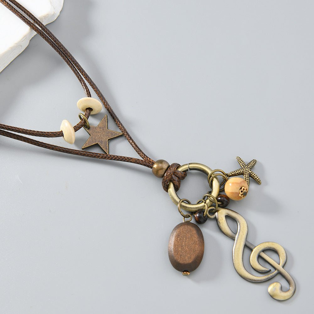 Handmade Bohemian Unisex Sweater Chain Necklace In Brown With Alloy Pendant, Crafted From Mixed Materials