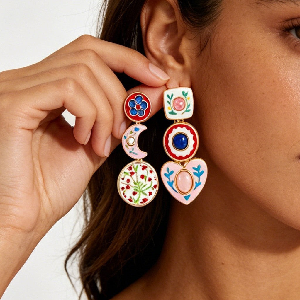 Exaggerated Heart Shape Earrings For Women In Alloy With Rhinestones Featuring Asymmetrical Craft And Colour