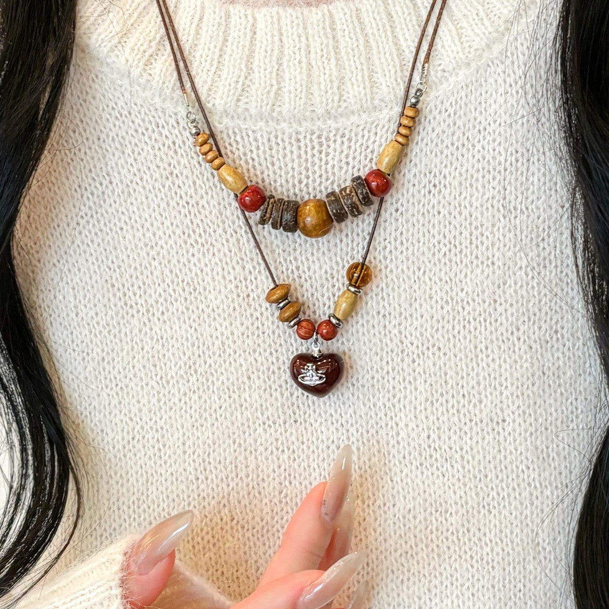 Ethnic Style Pendant Necklace For Women With Wood Pendant And Beaded Chain In Mixed Materials