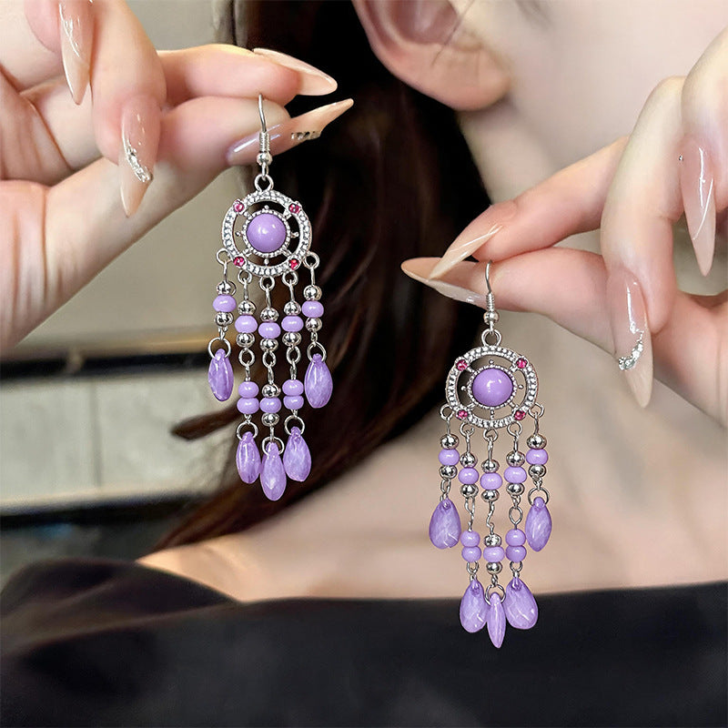 Bohemian Tassel Earrings For Women In White Zinc Alloy With Crystal Inlay