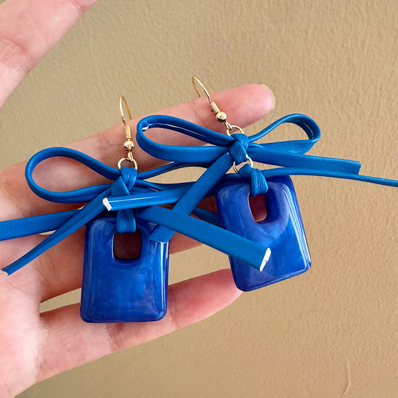 Handmade Blue Acrylic Bow Tie Earrings With 925 Sterling Silver Ear Pins For Women In Simple Style