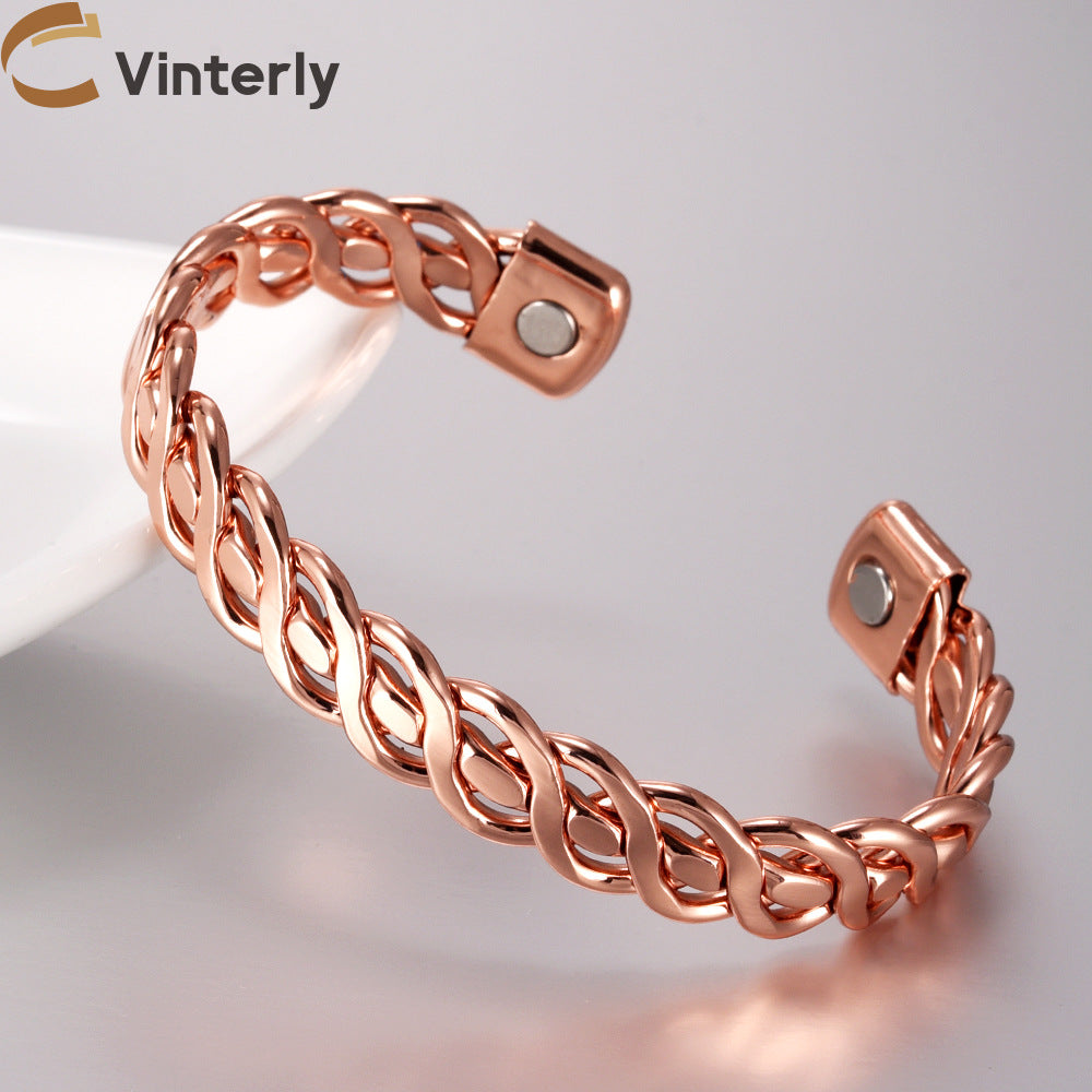 Electroplated Copper Bangle With Bronze Stripe Pattern And Braid Craft Featuring Magnet Inlay