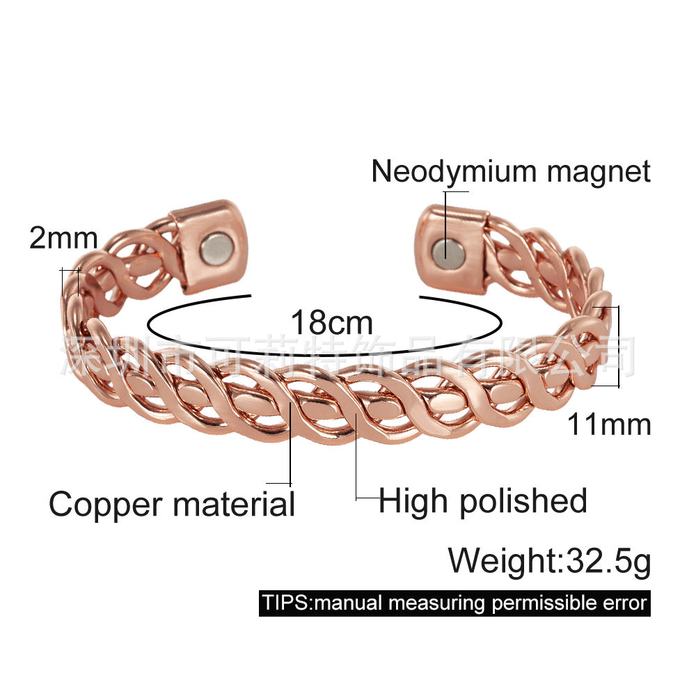 Electroplated Copper Bangle With Bronze Stripe Pattern And Braid Craft Featuring Magnet Inlay
