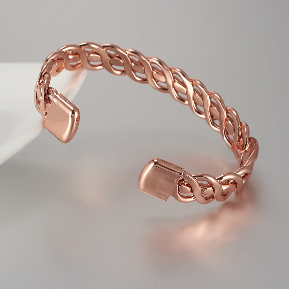 Electroplated Copper Bangle With Bronze Stripe Pattern And Braid Craft Featuring Magnet Inlay