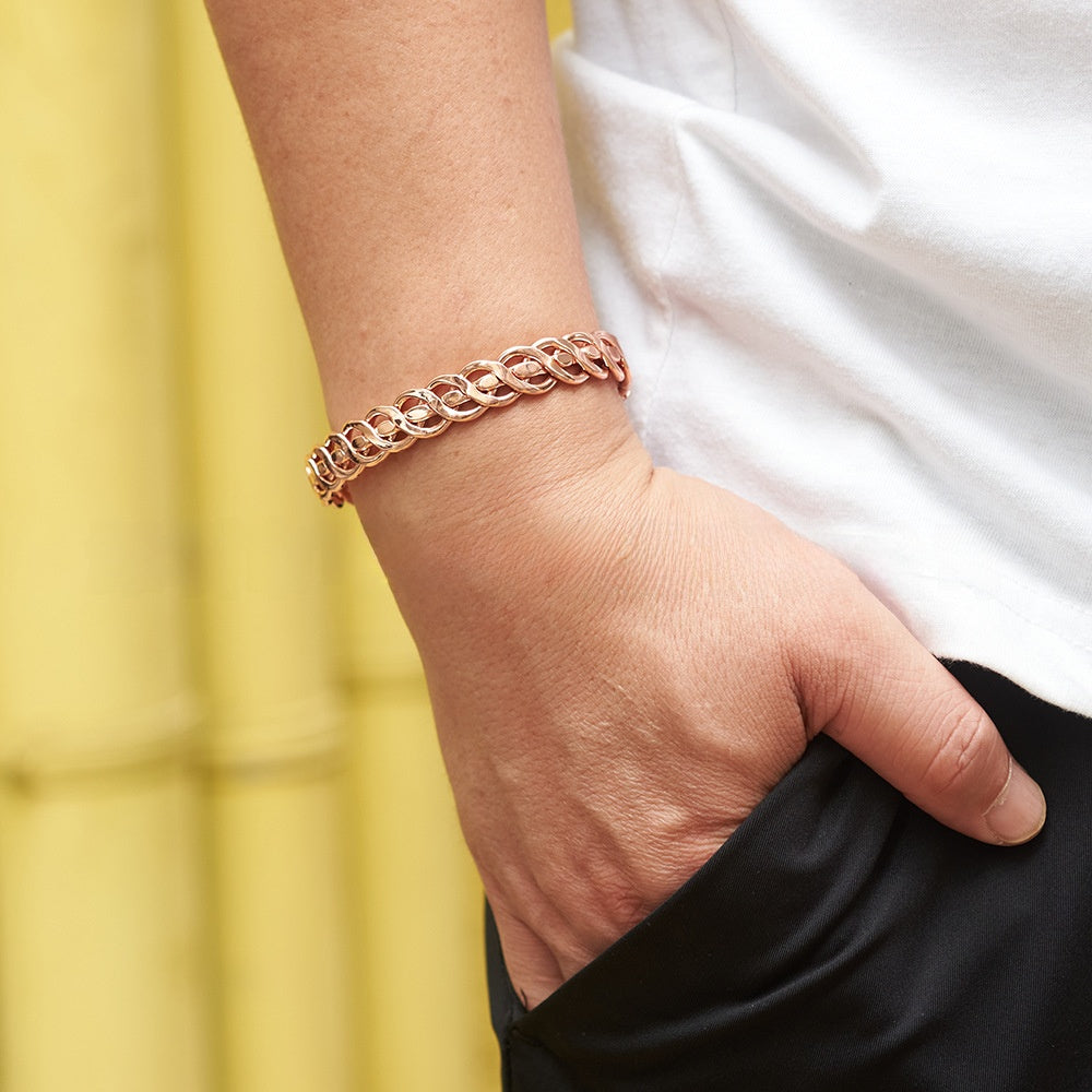 Electroplated Copper Bangle With Bronze Stripe Pattern And Braid Craft Featuring Magnet Inlay