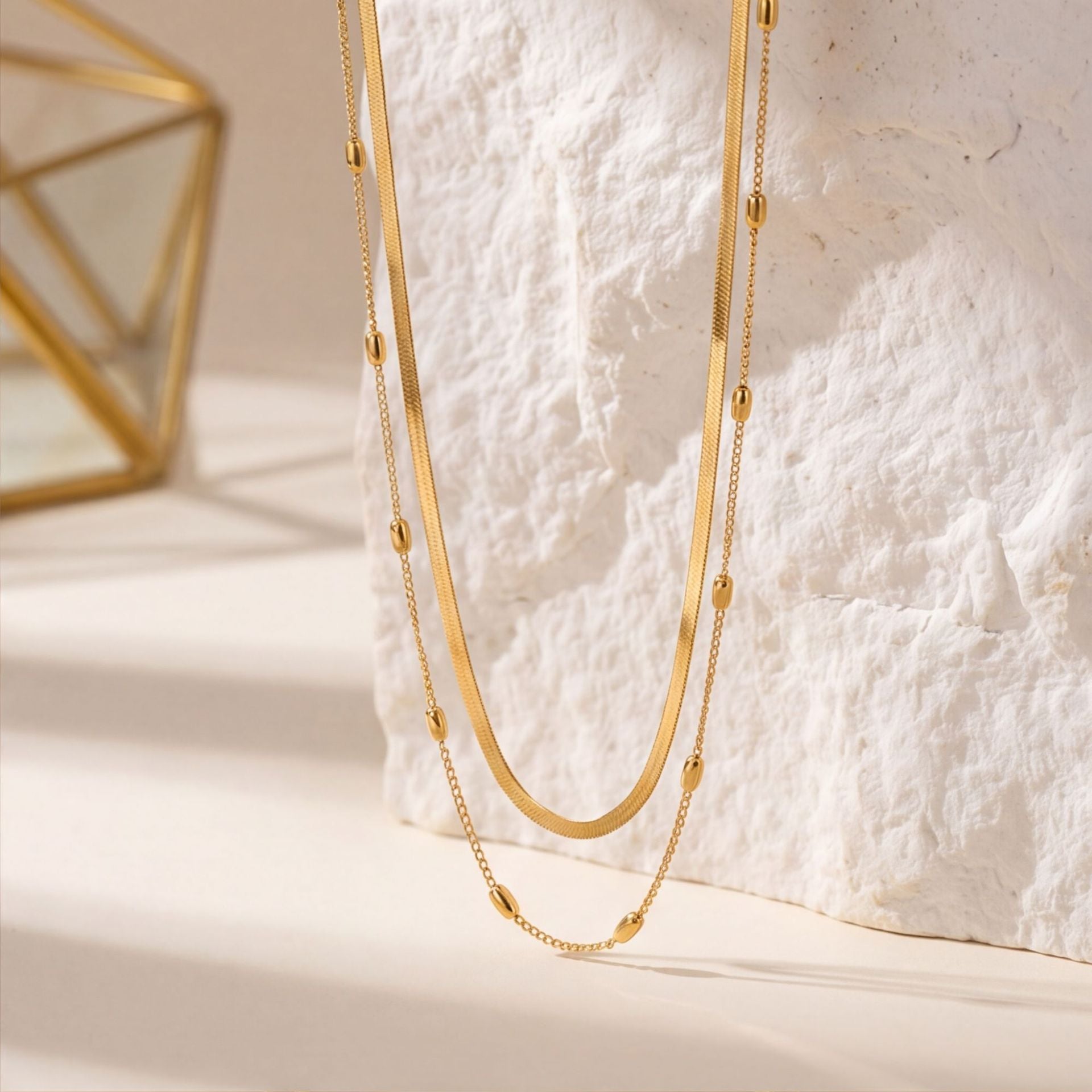 Blade Double Layer Necklace In Gold Featuring Titanium Steel Chain And Pendant For Women With Seed Bead Inlay