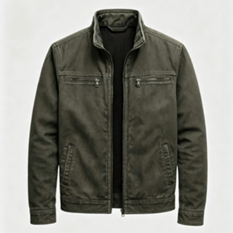 Men's Casual Solid Color Jacket With Zipper Placket, Made Of Over 90% Cotton, Featuring Multiple Pockets
