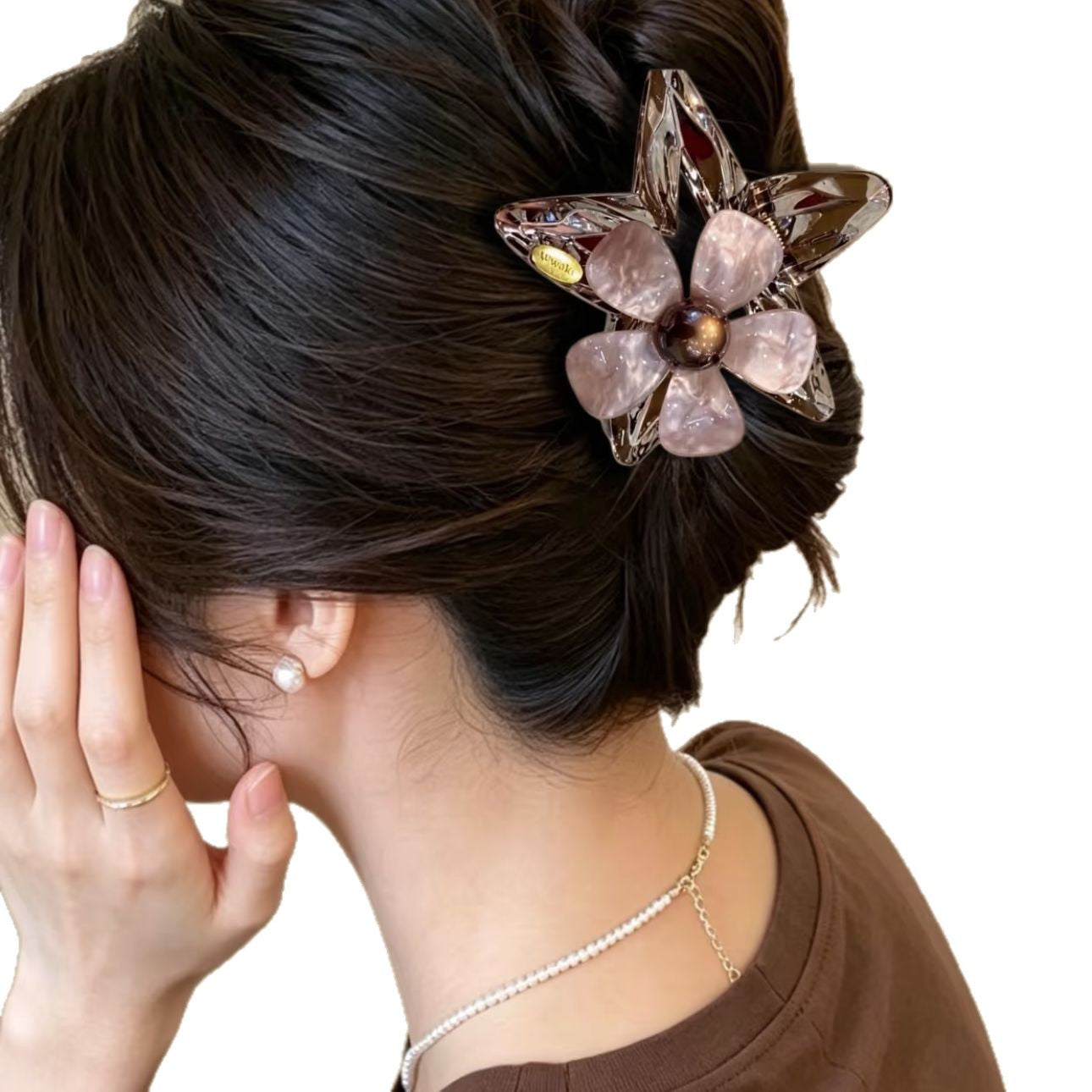 New Style Flowers Hair Claw For Women In Natural Pink With Rhinestones, Made Of Mixed Materials Hairpin