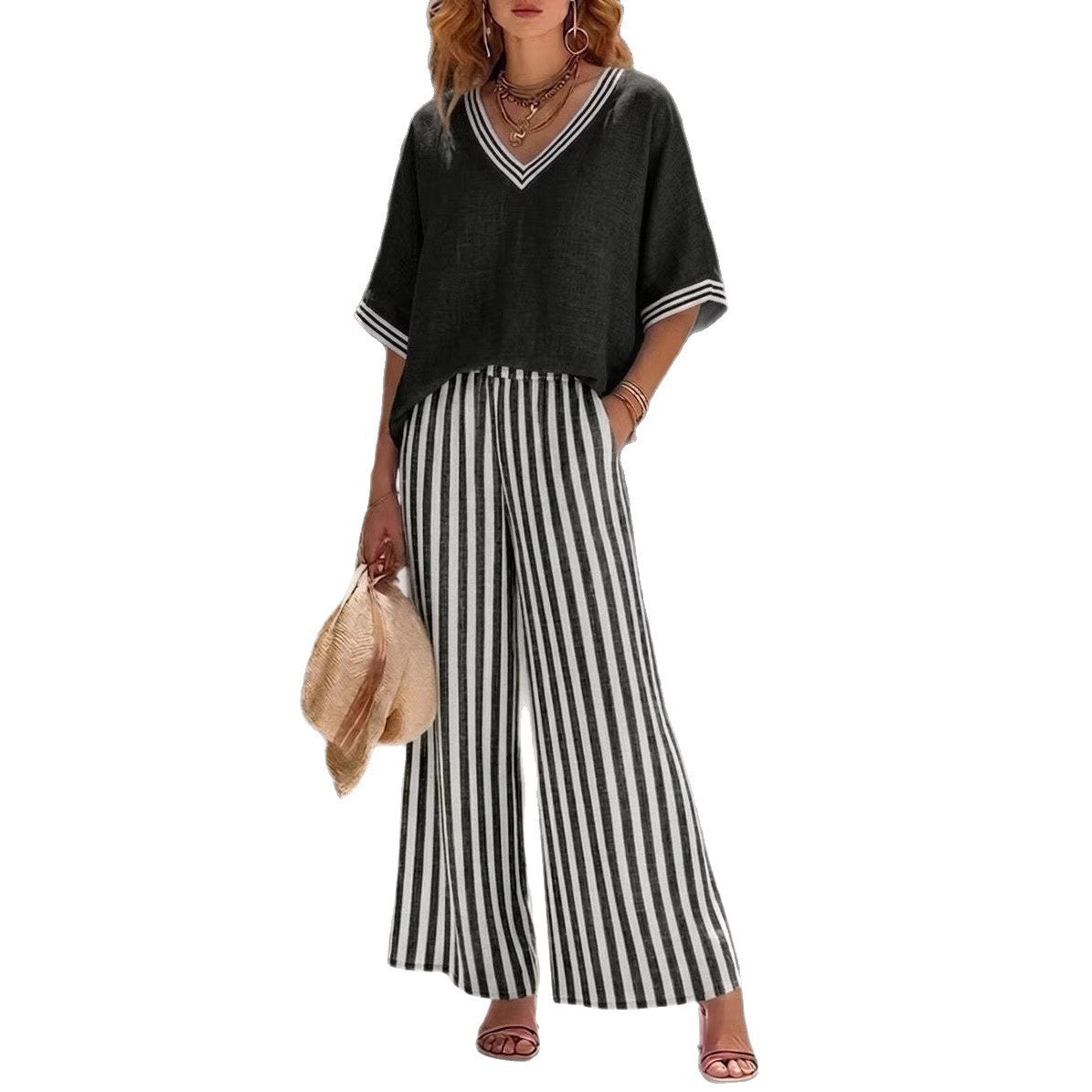 Casual Stripe Polyester Half Sleeve Top With Patchwork Craft, V Neck, 2 Pieces Set