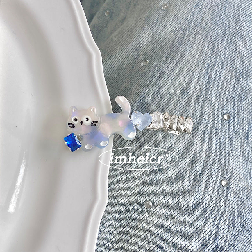 Cartoon Style Cat Hairpin For Women In Ombre Color Featuring Acetic Acid Sheets With Rhinestone Inlay
