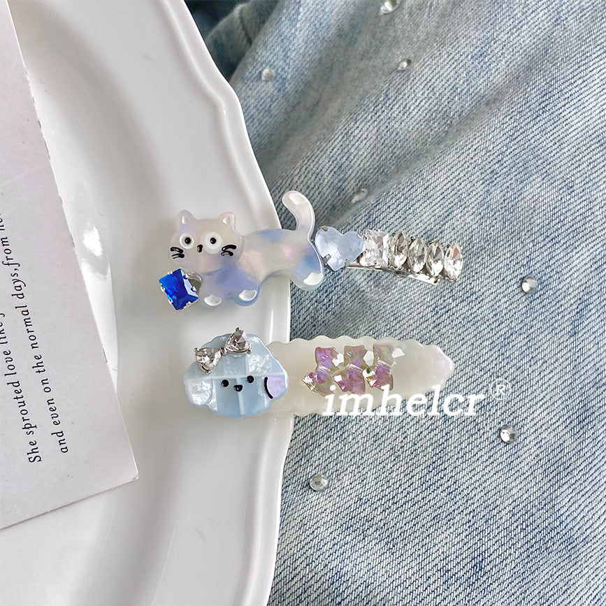 Cartoon Style Cat Hairpin For Women In Ombre Color Featuring Acetic Acid Sheets With Rhinestone Inlay